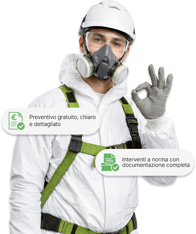 operatore per lo smaltimento amianto con tuta e dispositivi di protezione